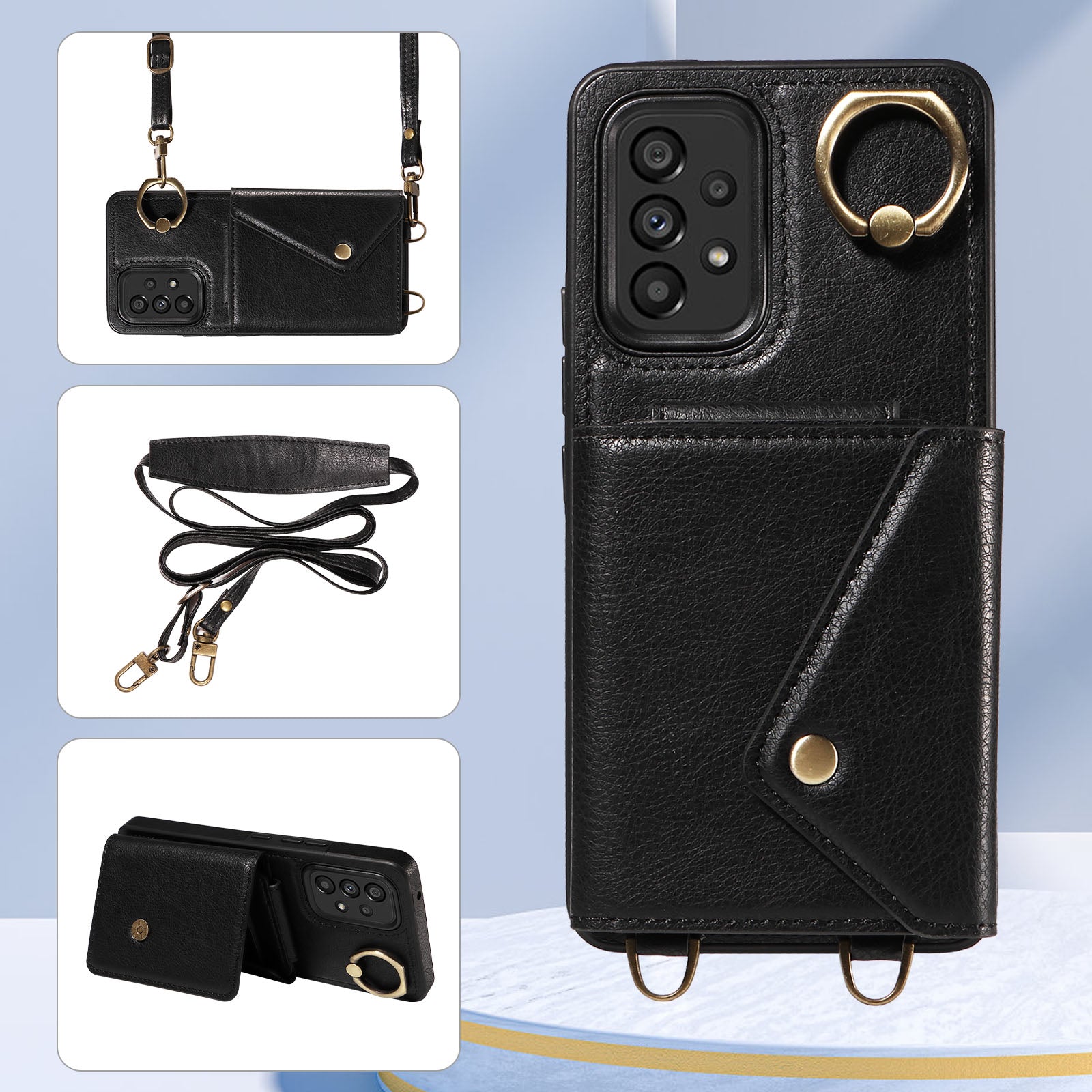 002 For Samsung Galaxy A53 5G Card Bag Cover Ring Kickstand Litchi Texture Leather TPU Phone Case with Shoulder Strap 002 For Samsung Galaxy A53 5G Card Bag Cover Ring Kickstand Litchi Texture Leather TPU Phone Case with Shoulder Strap